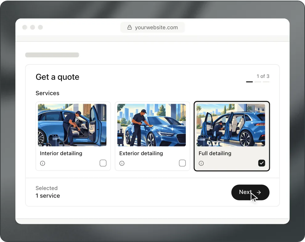 A website with a Get a quote form shown inside the page, with Interior, Exterior and Full detailing to choose from.
