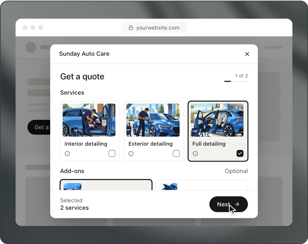 A website with the same form opened as a pop-up over the page, with Full detailing selected and a Next button.