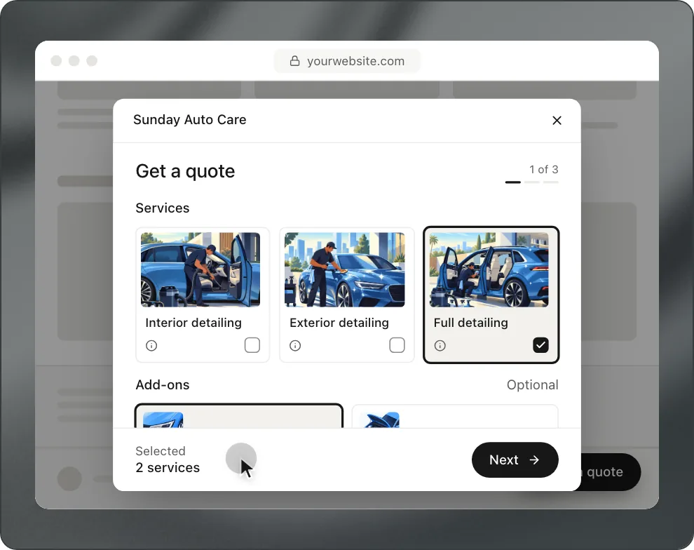 A website with a floating Get a quote button in the corner, opened into the form as a pop-up.