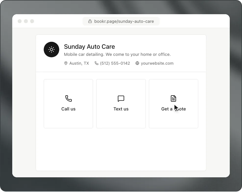 A browser on bookr.page/sunday-auto-care showing the business header and Call us, Text us and Get a quote buttons.