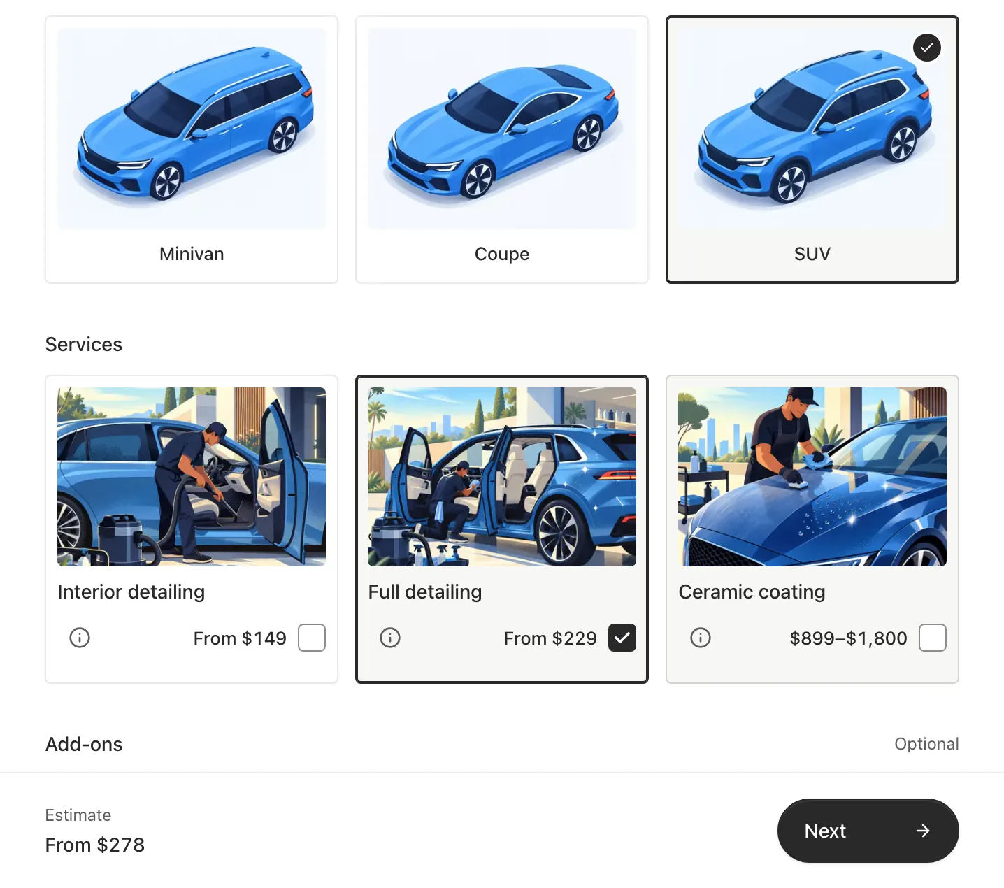 A Bookr quote form with SUV selected, then Interior detailing from $149, Full detailing from $229 (selected), and Ceramic coating $899 to $1,800. The footer shows an estimate from $278 and a Next button.