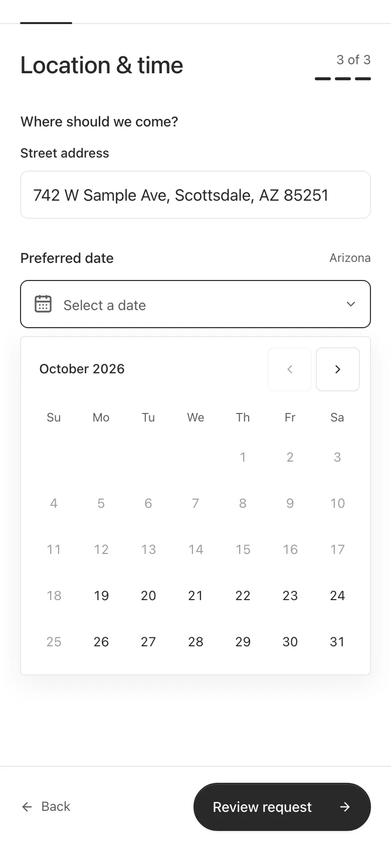 The Location and time step of a Bookr form on a phone, with the date picker open on October 2026. Days before the 19th and Sundays are greyed out.