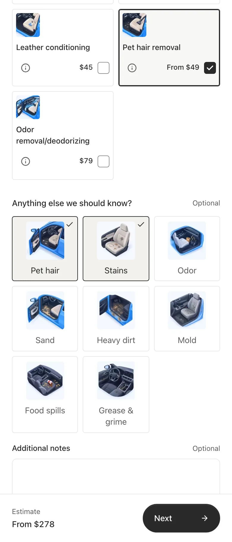 A Bookr quote form on a phone with Full detailing, Pet hair removal, and the Pet hair and Stains conditions selected. The estimate reads From $278.