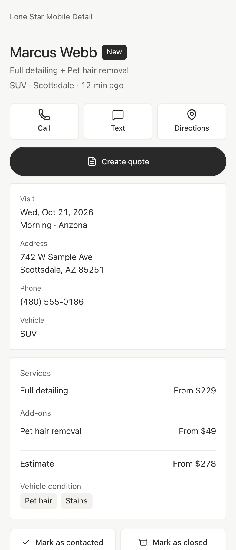 A Bookr request on a phone: Marcus Webb, Full detailing plus Pet hair removal, SUV in Scottsdale, with Call, Text and Directions buttons, Create quote, the visit, the address, an estimate from $278, and the conditions Pet hair and Stains.