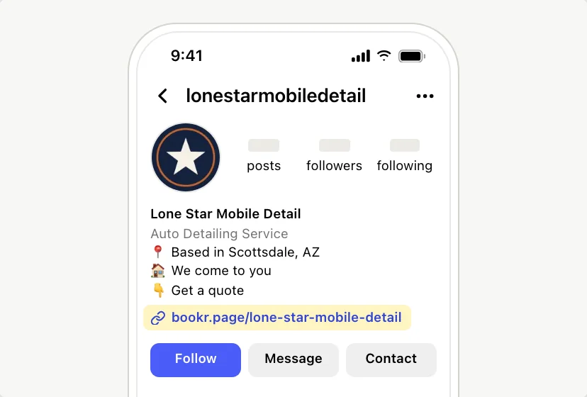 An Instagram profile for Lone Star Mobile Detail. The bio reads Auto Detailing Service, Based in Scottsdale, AZ, We come to you, Get a quote, followed by the link bookr.page/lone-star-mobile-detail.