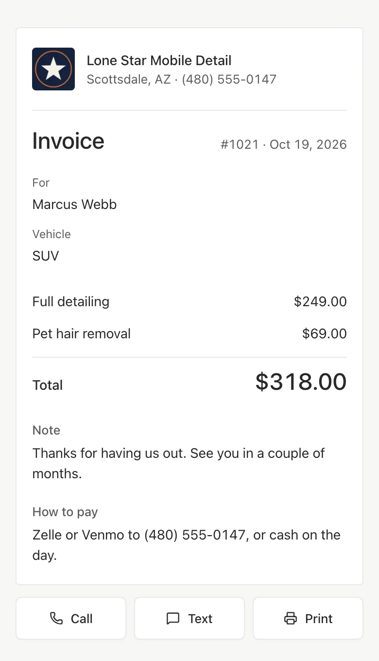 The same document as an invoice after the job, with a thank-you note and How to pay: Zelle or Venmo to the business phone number, or cash on the day.