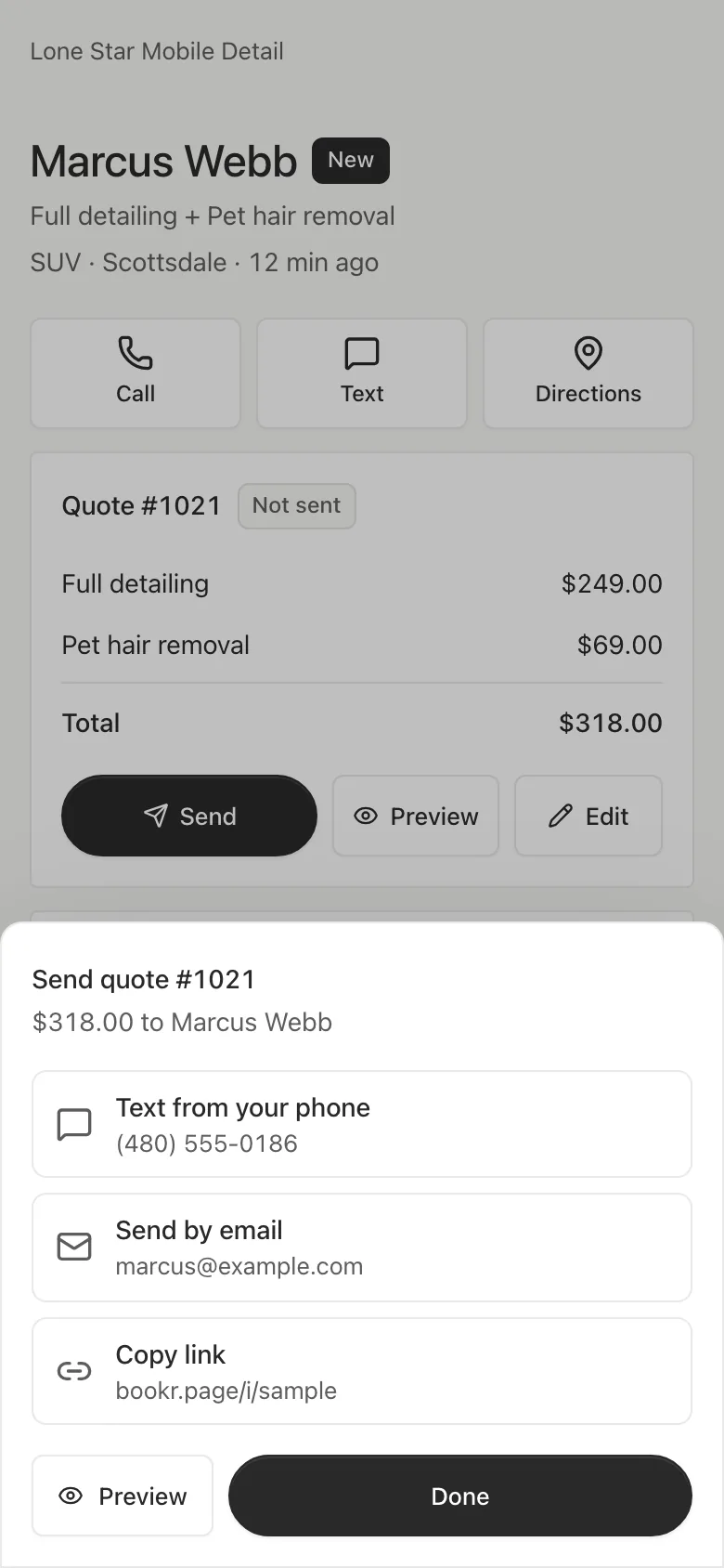 The Send quote #1021 sheet: $318.00 to Marcus Webb, with Text from your phone, Send by email, and Copy link, plus Preview and Done.