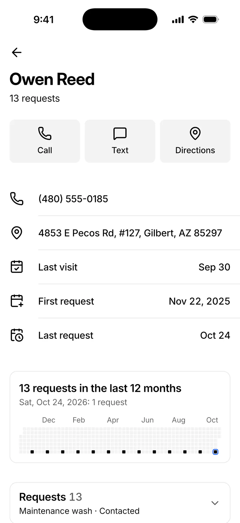 A customer in Bookr for iPhone: Owen Reed, 13 requests, with Call, Text and Directions, his address, and a year of requests.