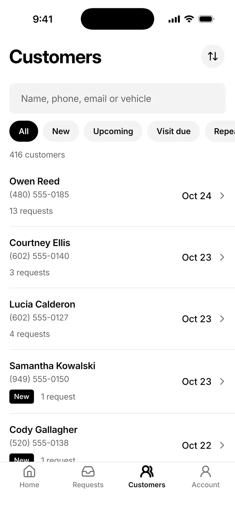 Customers in Bookr for iPhone: a search, tabs for New, Upcoming and Visit due, and 416 customers.