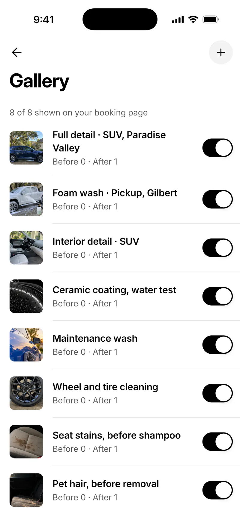 Gallery in Bookr for iPhone: eight albums, each with a switch to show it on the booking page.