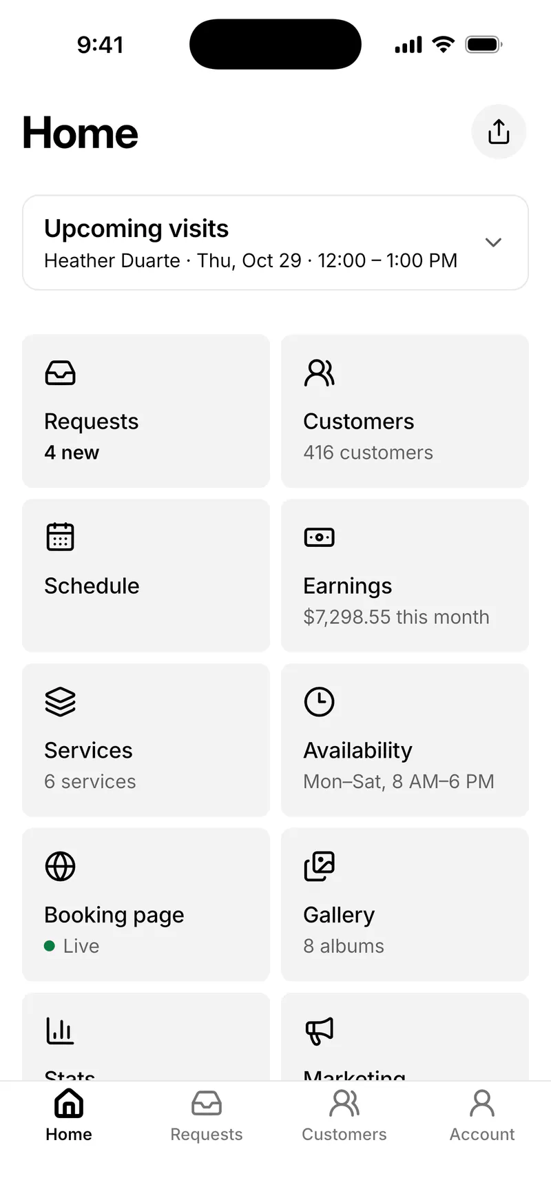 Home in Bookr for iPhone: the next visit, and tiles for Requests, Customers, Schedule, Earnings, Services, Availability, Booking page and Gallery.