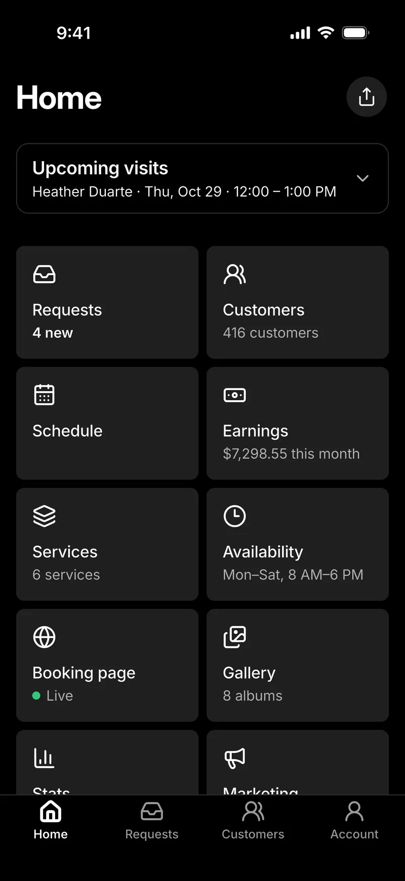 Home in Bookr for iPhone, in dark mode.
