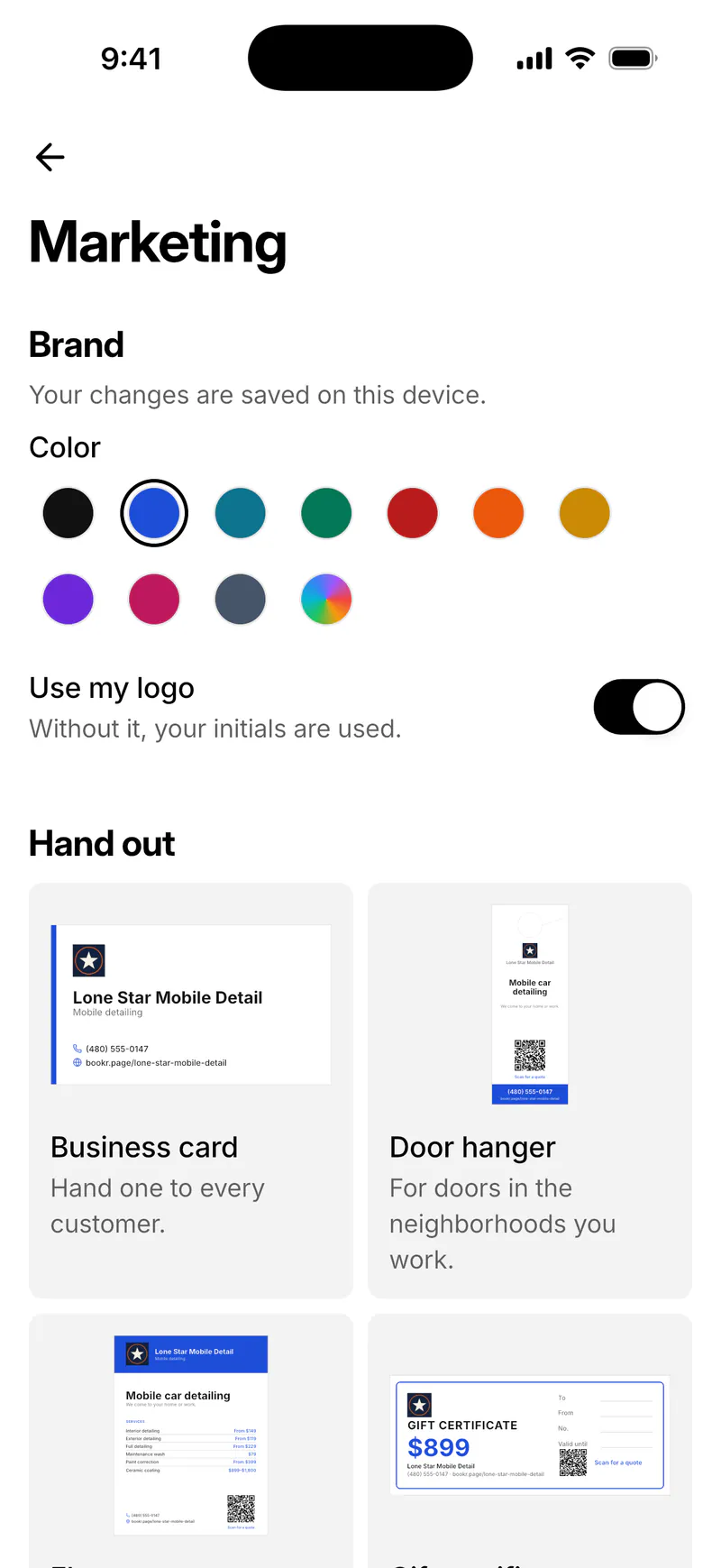 Marketing in Bookr for iPhone: a brand color, the logo switch, and pieces to hand out such as a business card and door hanger.