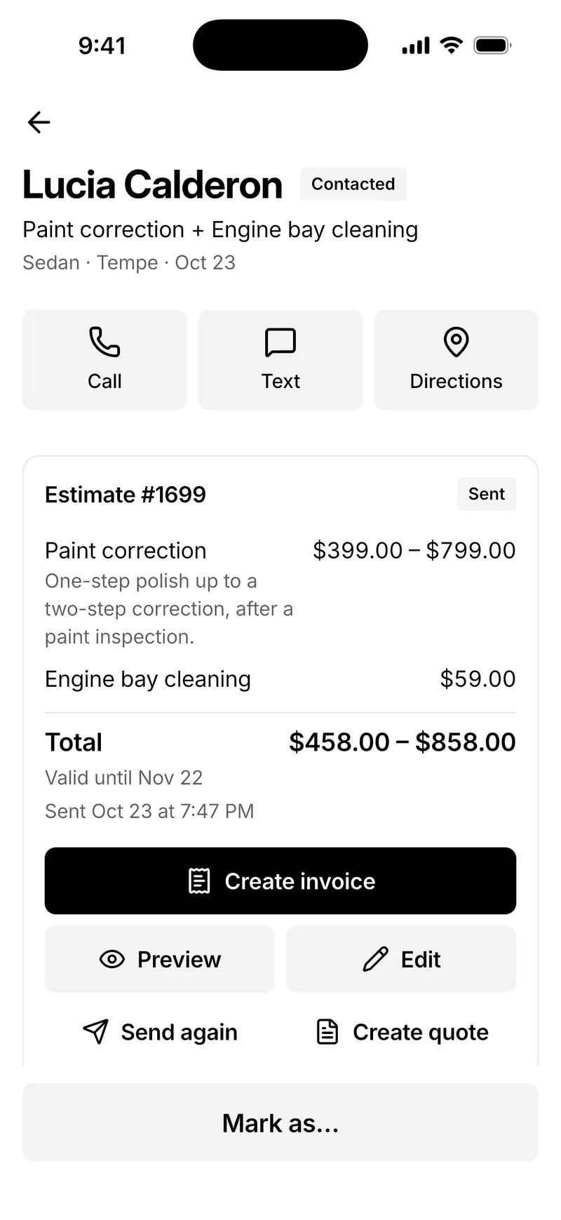 A request in Bookr for iPhone: Lucia Calderon, with Call, Text and Directions, estimate #1699 for $458.00–$858.00, and Create invoice.