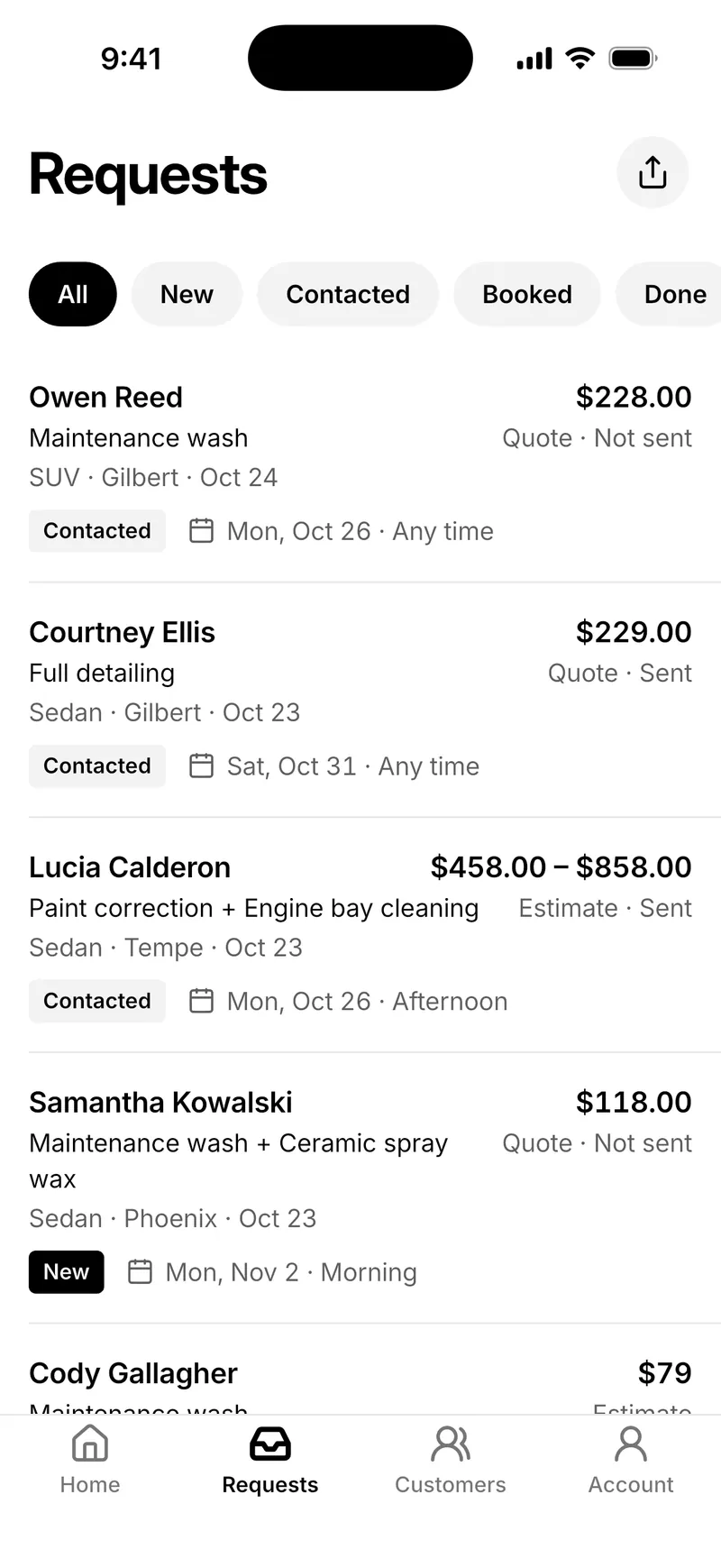 Requests in Bookr for iPhone, filtered by New, Contacted, Booked and Done, each with its price and visit day.