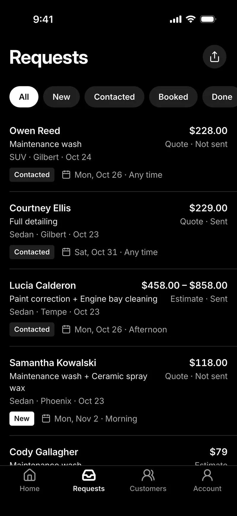 Requests in Bookr for iPhone, in dark mode.