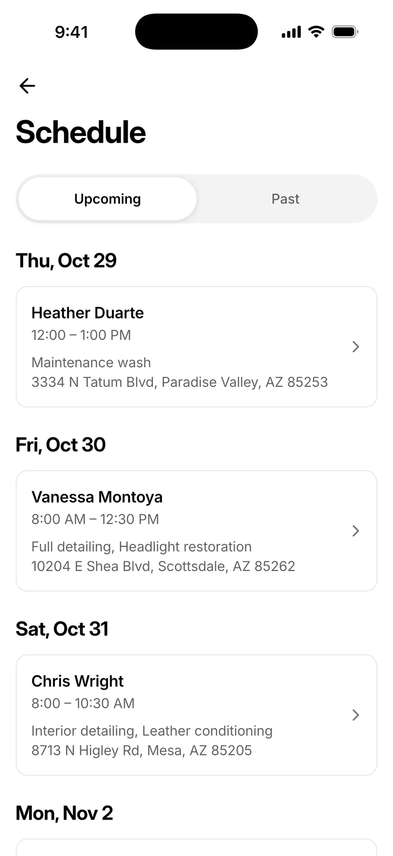 Schedule in Bookr for iPhone: visits on Thursday, Friday and Saturday with times, work and addresses.