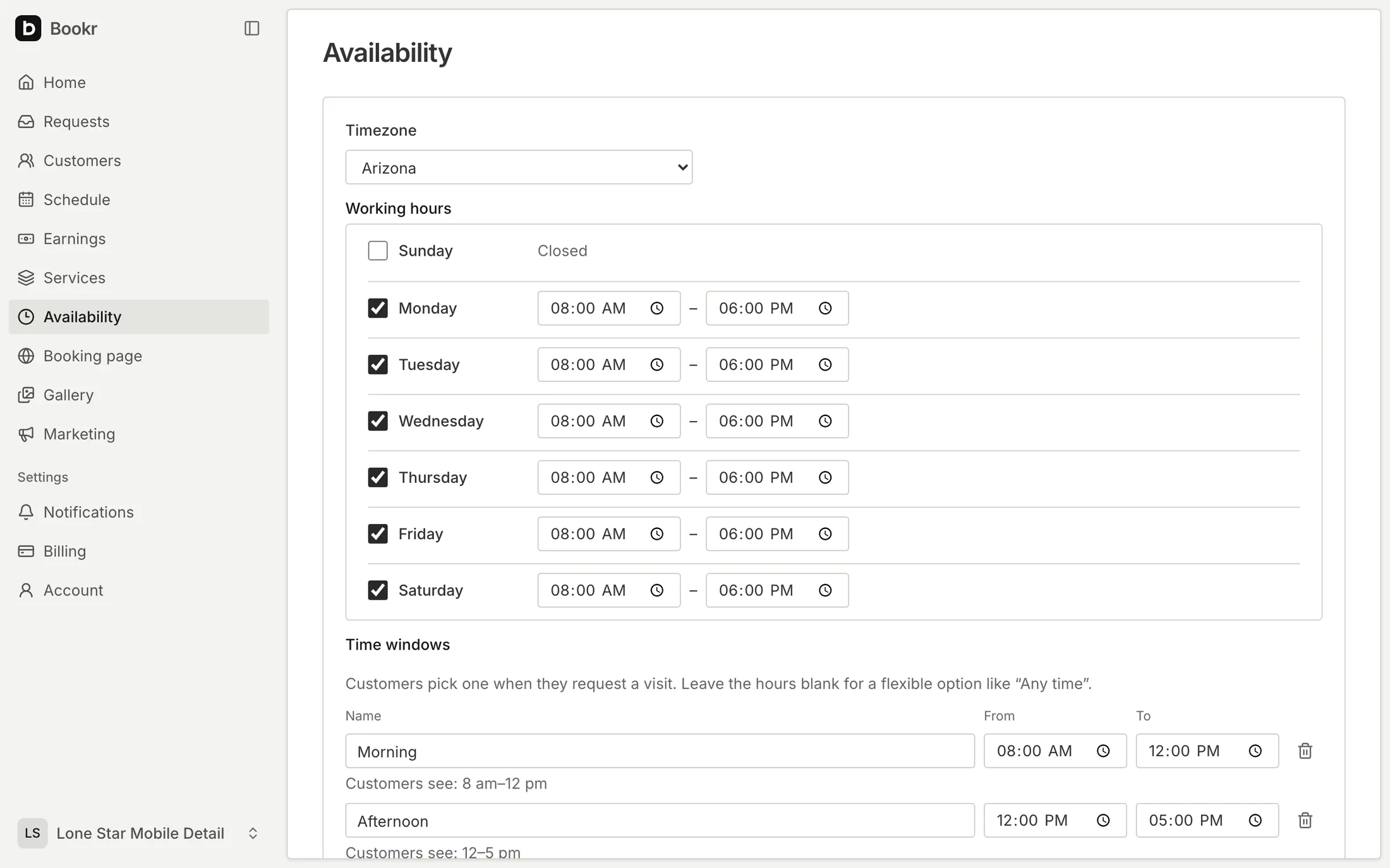 Availability: the timezone, working hours for each day, and the time windows customers choose from.
