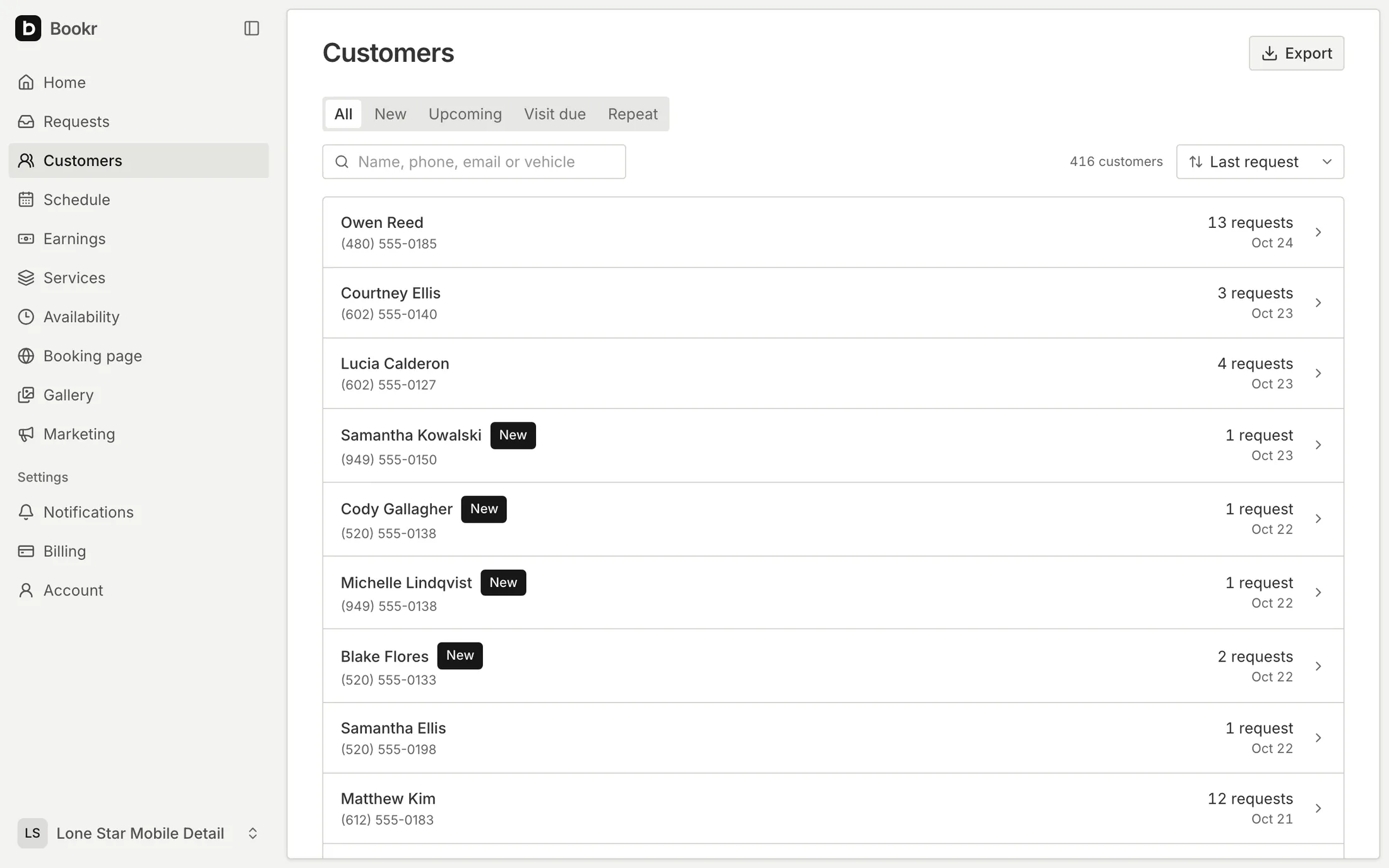 Customers in the Bookr dashboard: 416 customers, tabs for All, New, Upcoming, Visit due and Repeat, and a search by name, phone, email or vehicle.