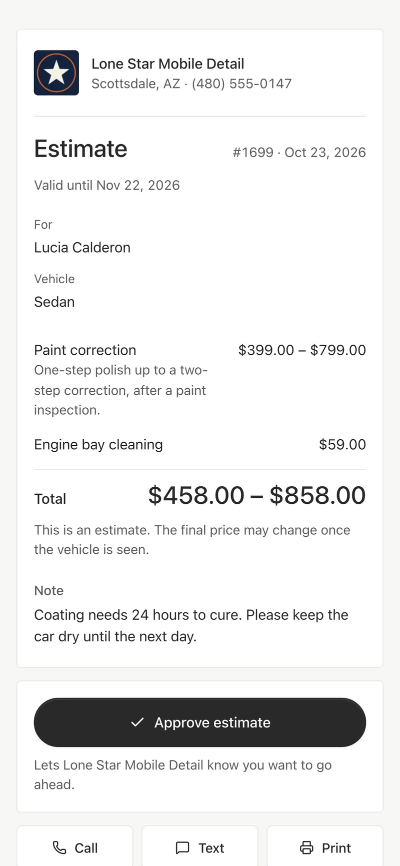 The customer’s estimate on a phone: paint correction and engine bay cleaning, $458.00–$858.00, with an Approve estimate button.