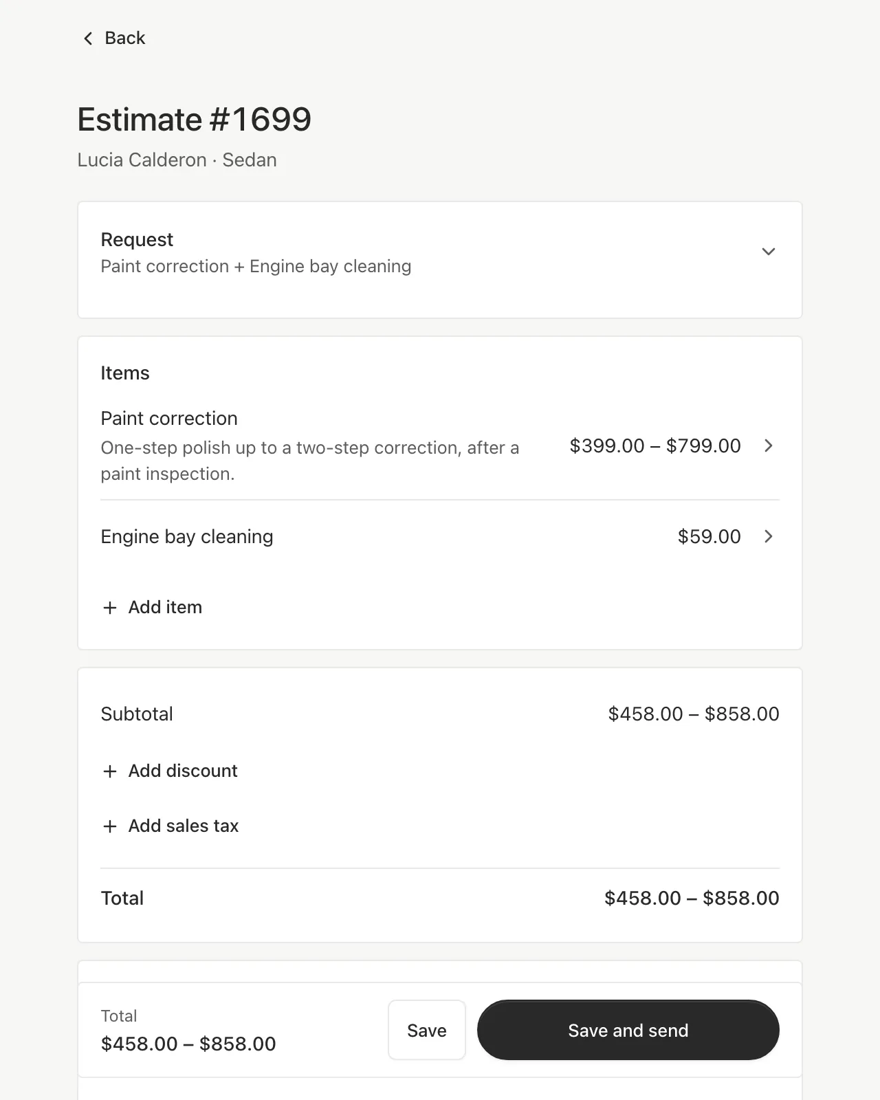 Editing estimate #1699: paint correction at $399.00–$799.00 and engine bay cleaning at $59.00, with Add item, Add discount, Add sales tax, and Save and send.