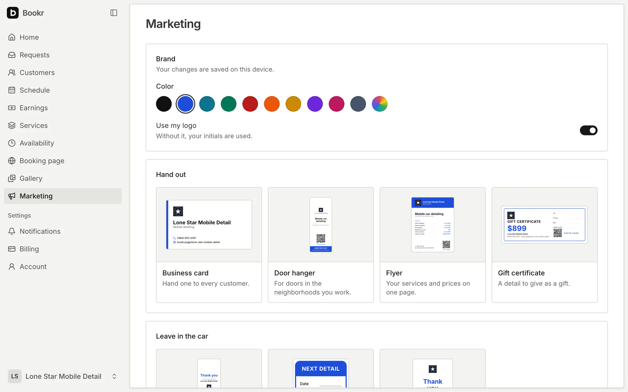 Marketing in the Bookr dashboard: a brand color and logo, and print pieces made from the booking page, including a business card, door hanger, flyer and gift certificate.