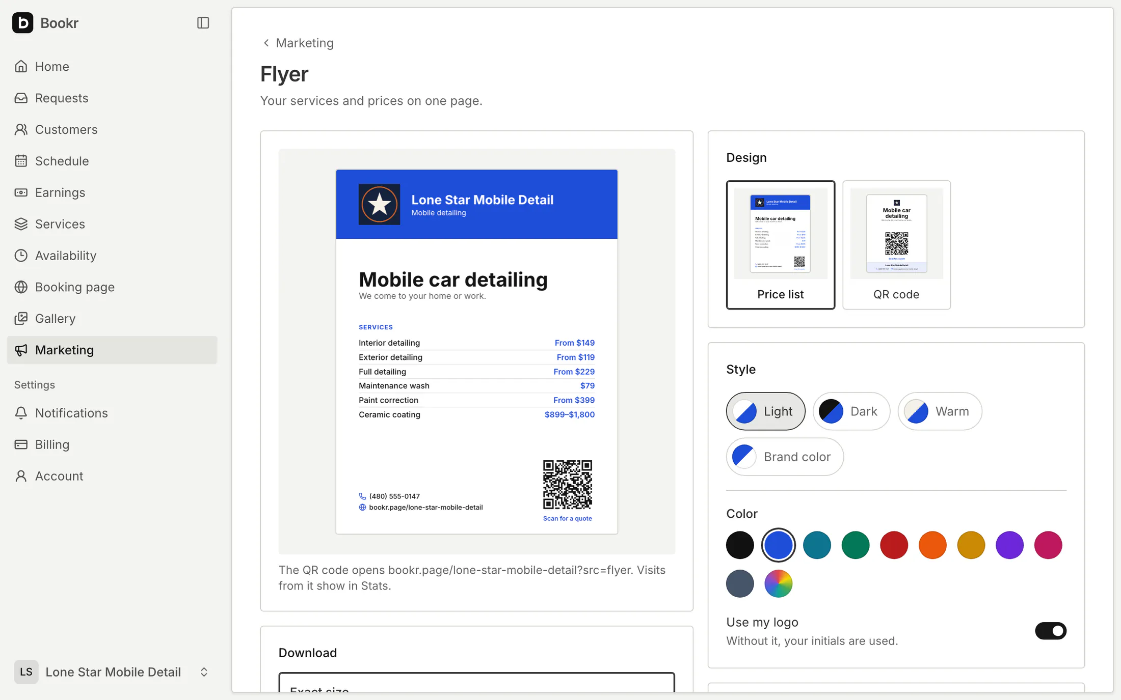 Editing a flyer: the business’s services and prices with a QR code, a note that the QR code opens the booking page and its visits show in Stats, and choices of design, style and color.