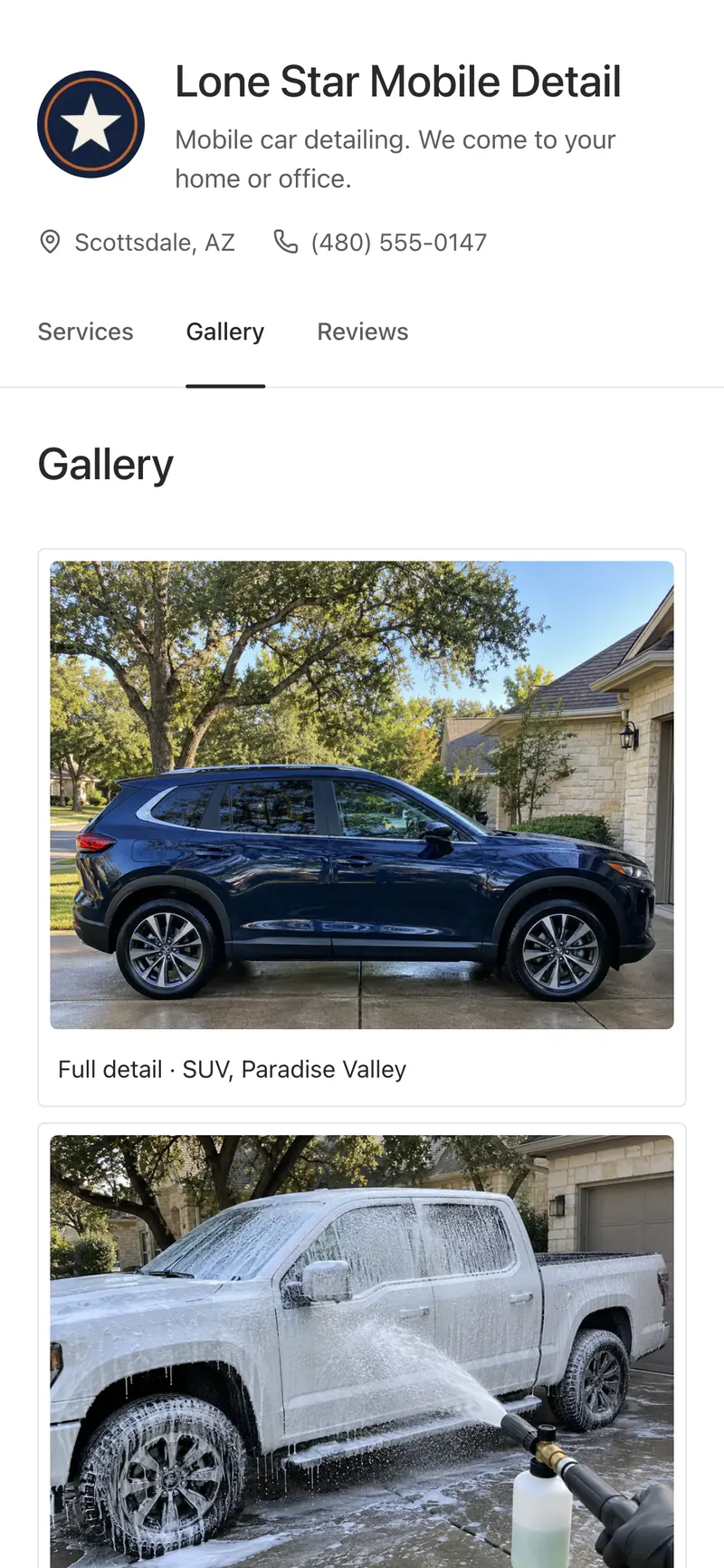 A booking page’s Gallery on a phone: before-and-after albums with captions such as Full detail, SUV, Paradise Valley.