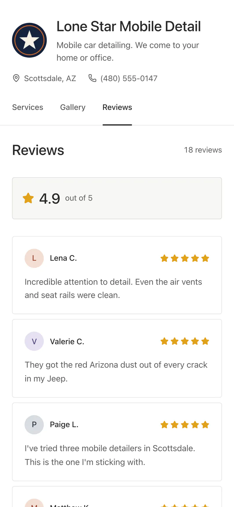 A booking page’s Reviews on a phone: 4.9 out of 5, and five-star reviews from customers.