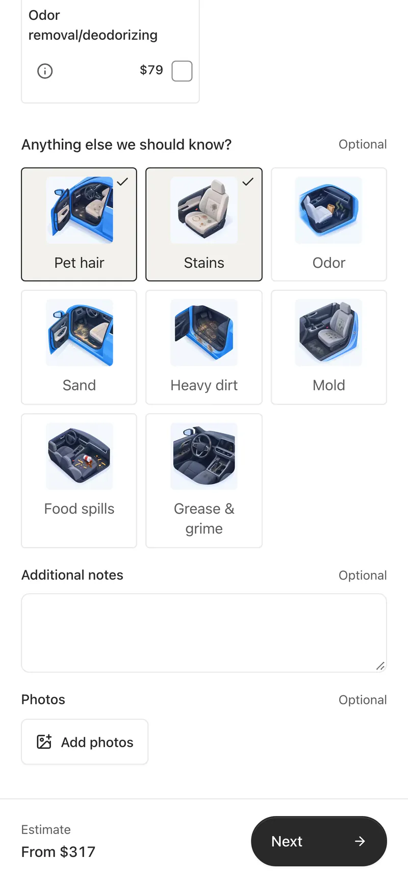 The customer marks pet hair and stains on the quote form, with room for notes and photos.