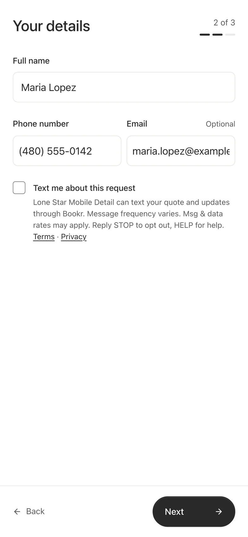 Step 2 of the quote form: full name, phone number, an optional email, and a box to get texts about the request.