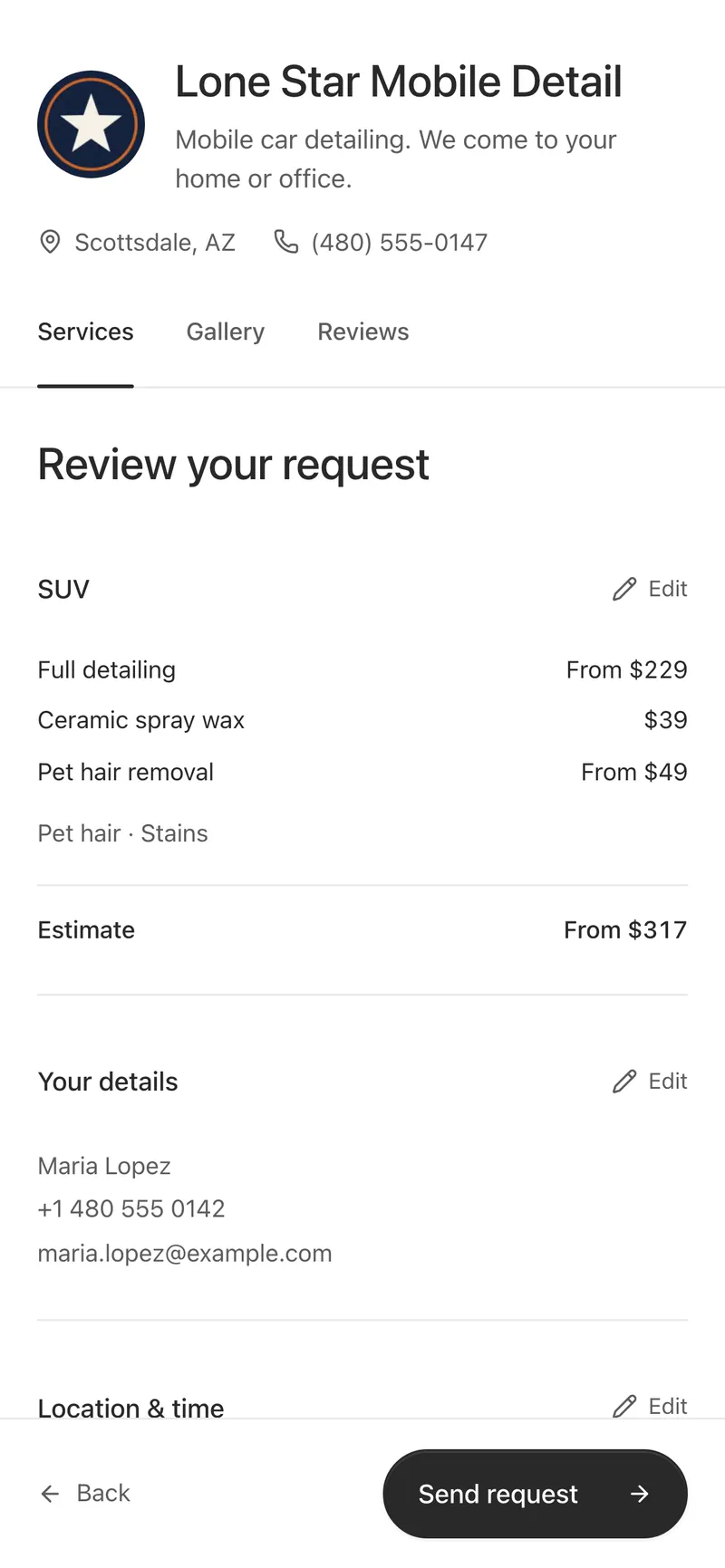 The customer reviews the request before sending it: full detailing, ceramic spray wax and pet hair removal for an SUV, an estimate from $317, and their details.