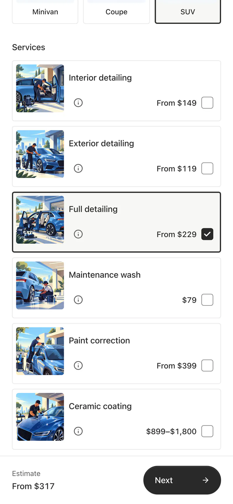 A quote form on a phone: SUV chosen as the vehicle type, and Full detailing selected from services with photos and starting prices.