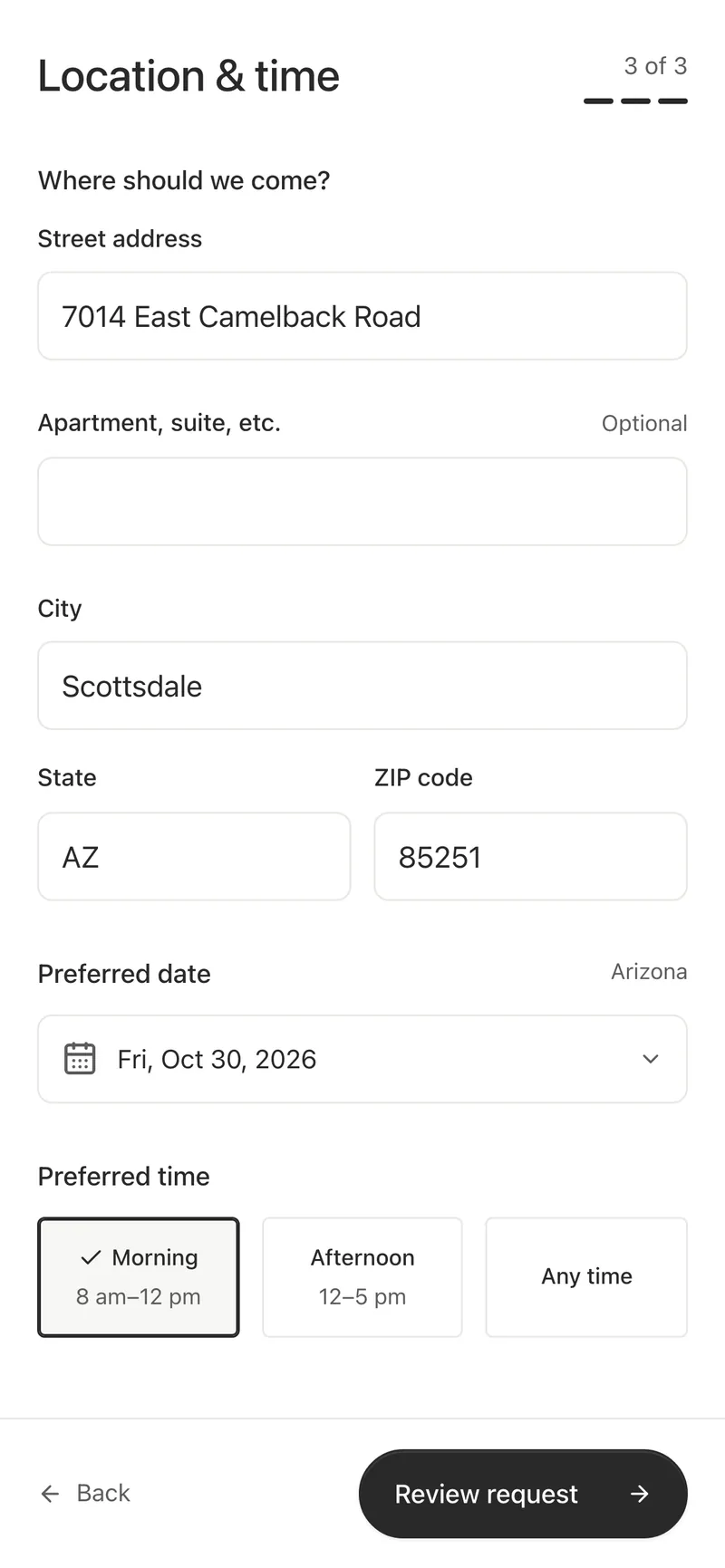 Step 3 of the quote form: the street address, a preferred date of Friday, October 30, and a morning time window.