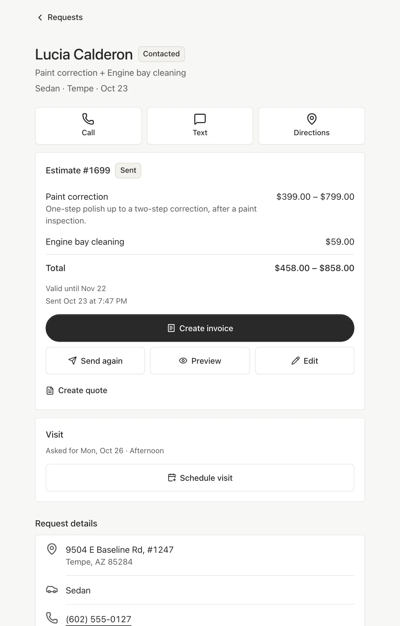 A request with Call, Text and Directions, the sent estimate #1699 for $458.00–$858.00, buttons to create an invoice or send it again, and the customer’s address, vehicle and phone.