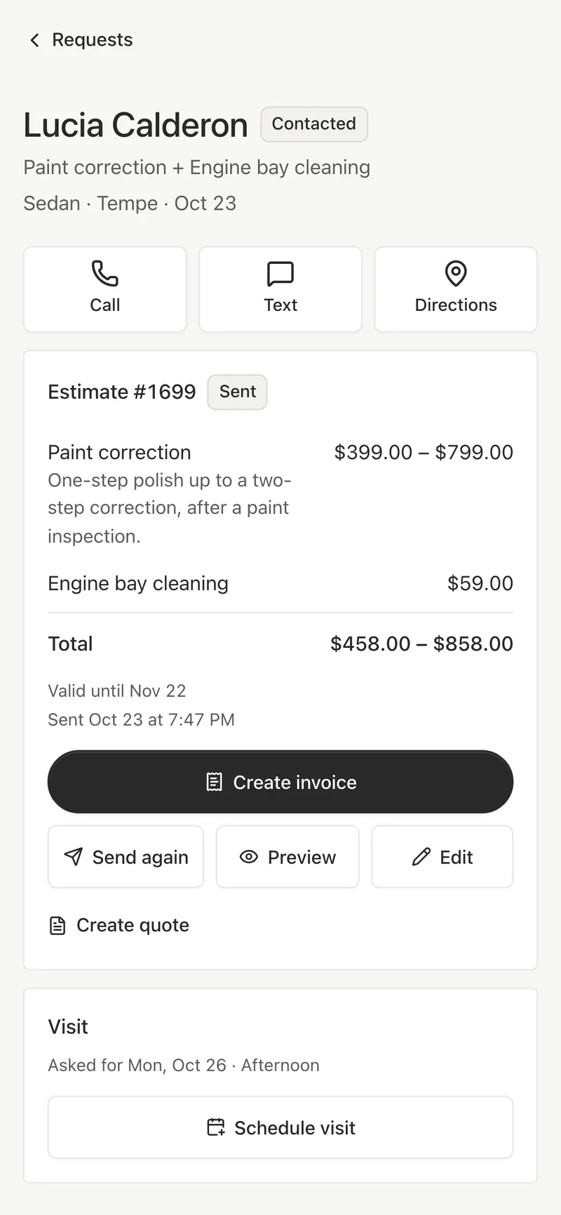 A request on a phone: Call, Text and Directions, the sent estimate #1699, and a button to schedule the visit.