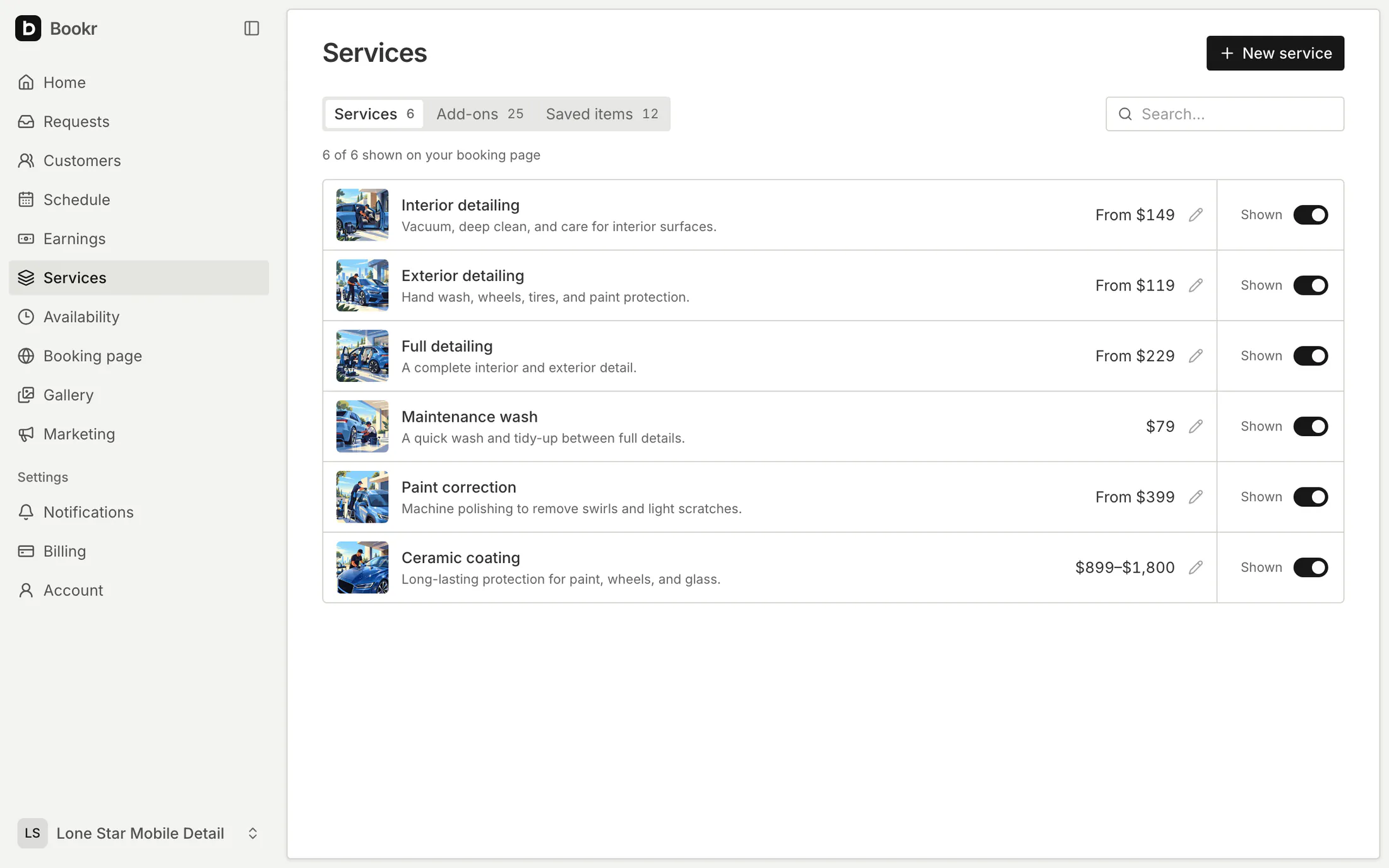 Services in the Bookr dashboard, each with a photo, a price such as From $149 or $899–$1,800, and a switch to show it on the booking page.